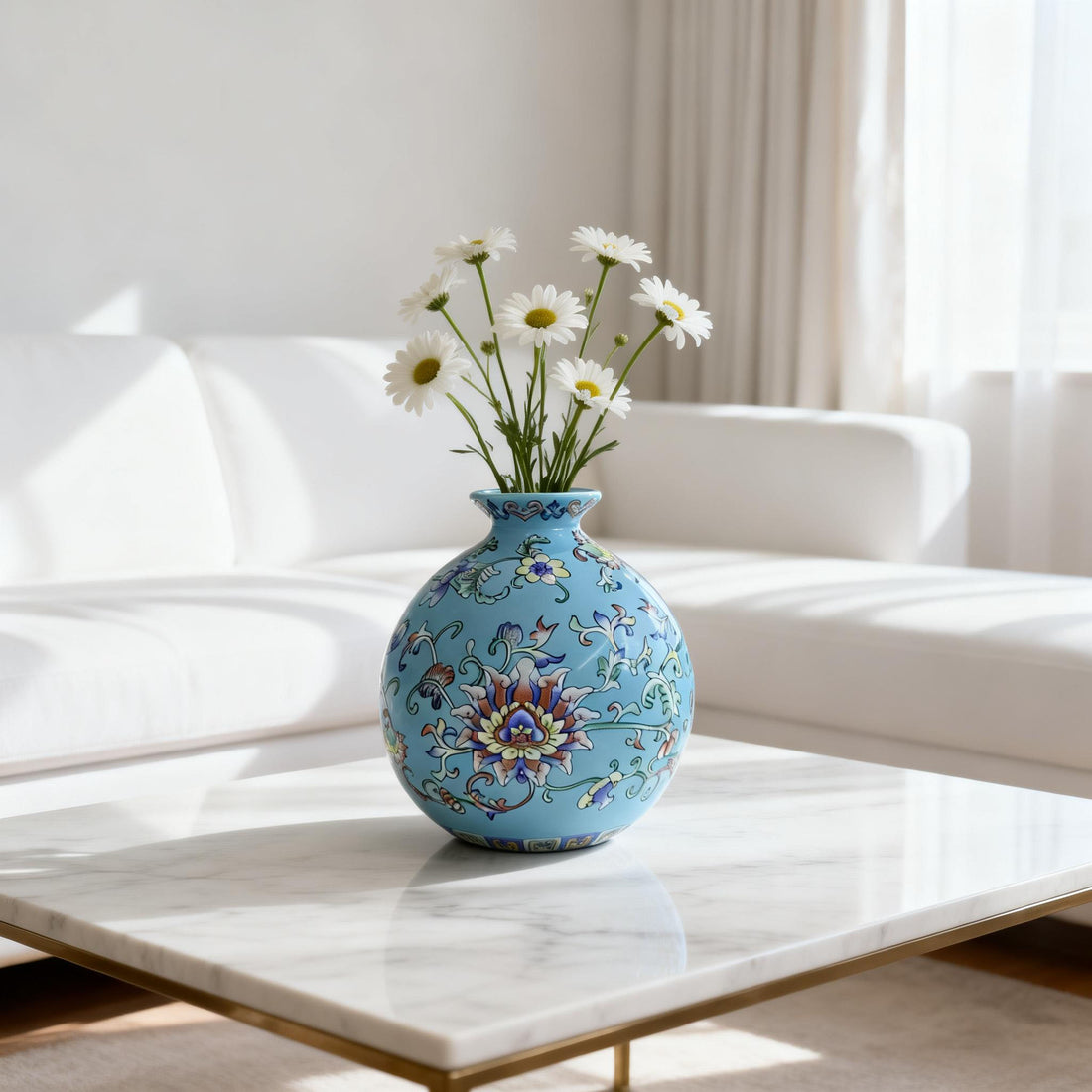Blue-Ground Enameled Flat Vase with Hundred-Flower Pattern
