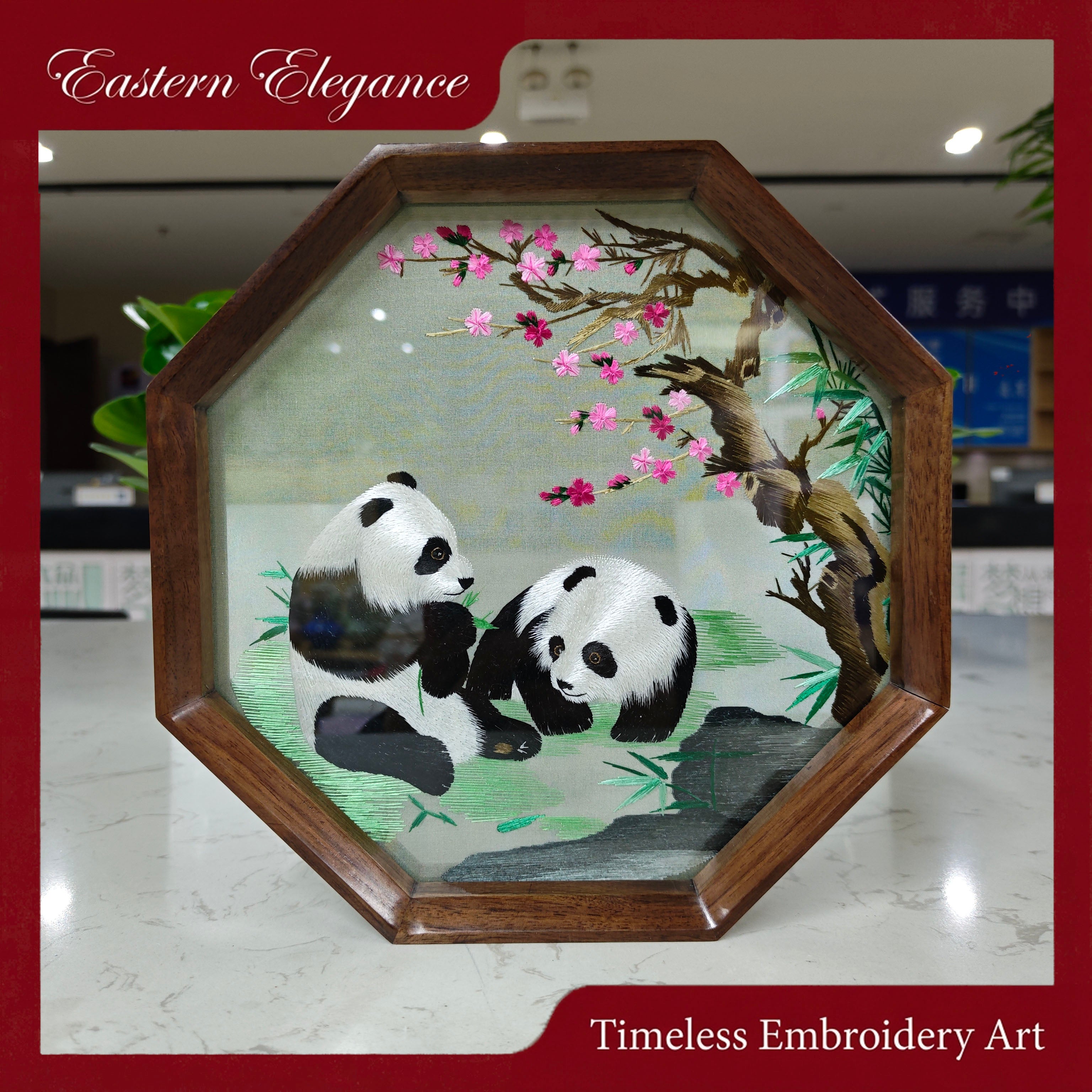 Hand-Embroidered Panda & Spring Plum-Themed Octagonal Table Screen