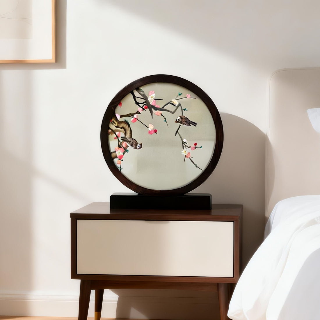 Hand-Embroidered Bird-and-Flower-Themed Circular Table Screen