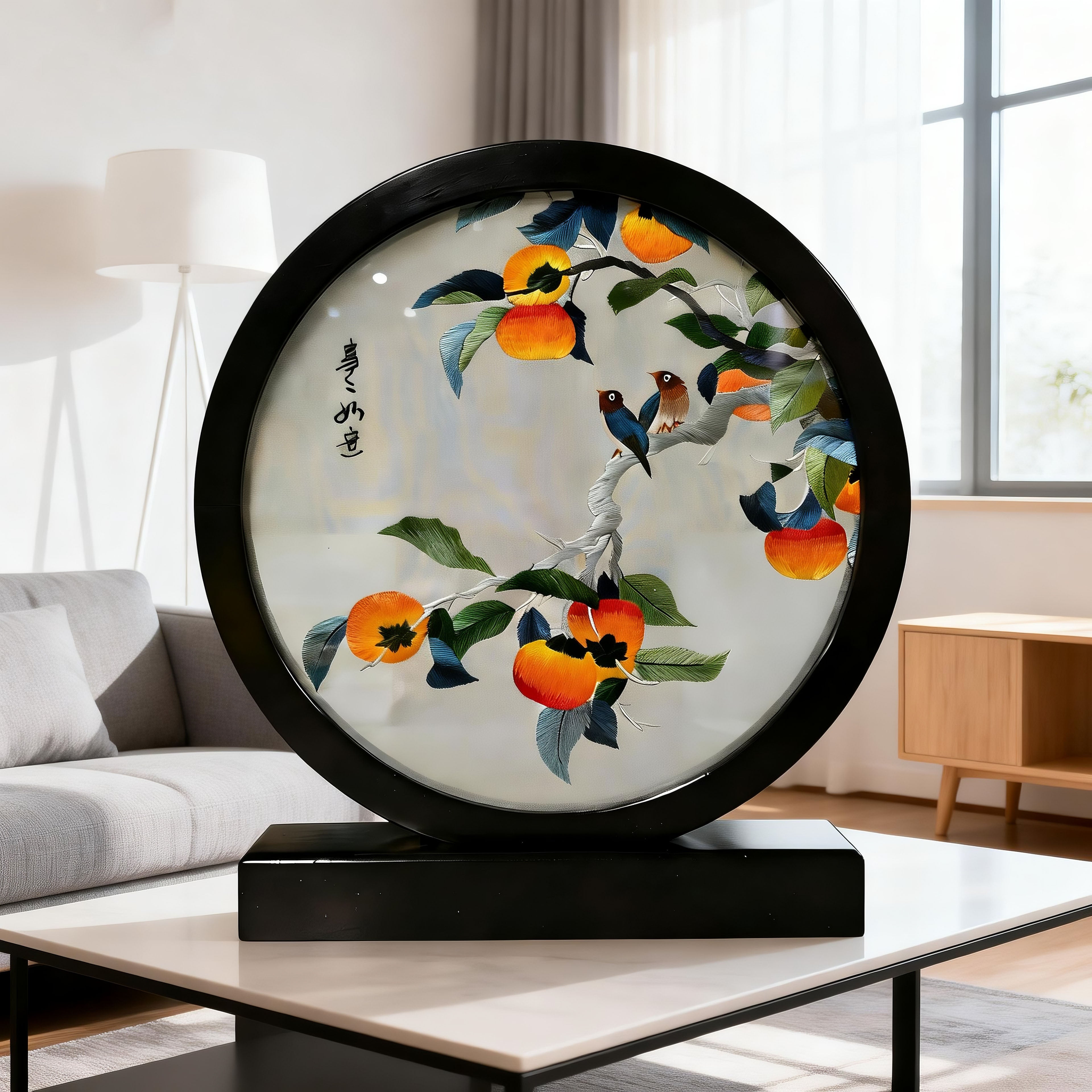 Hand-Embroidered Bird & Fruit-Themed Circular Table Screen
