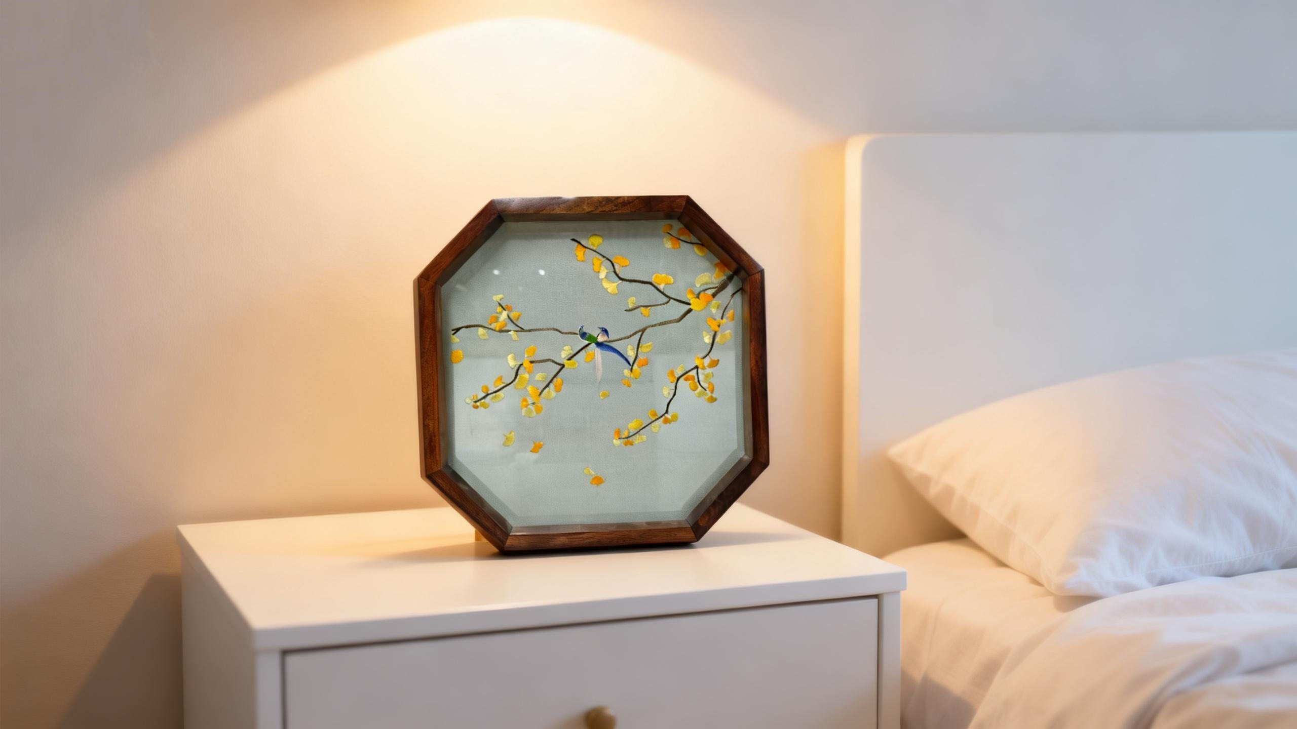 Hand-Embroidered Ginkgo Branch-Themed Octagonal Table Screen