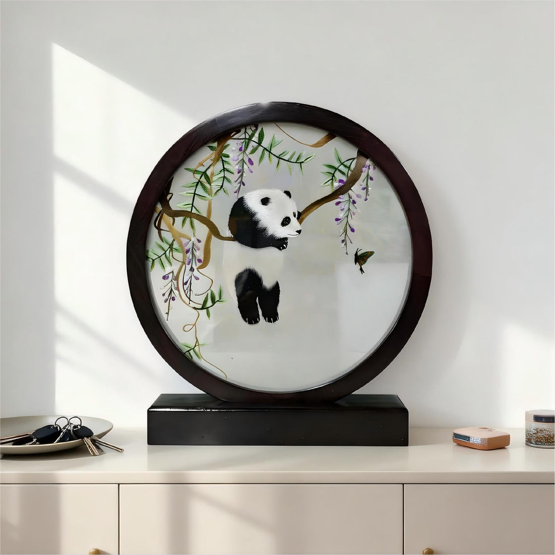 Hand-Embroidered Panda & Bamboo-Themed Circular Table Screen
