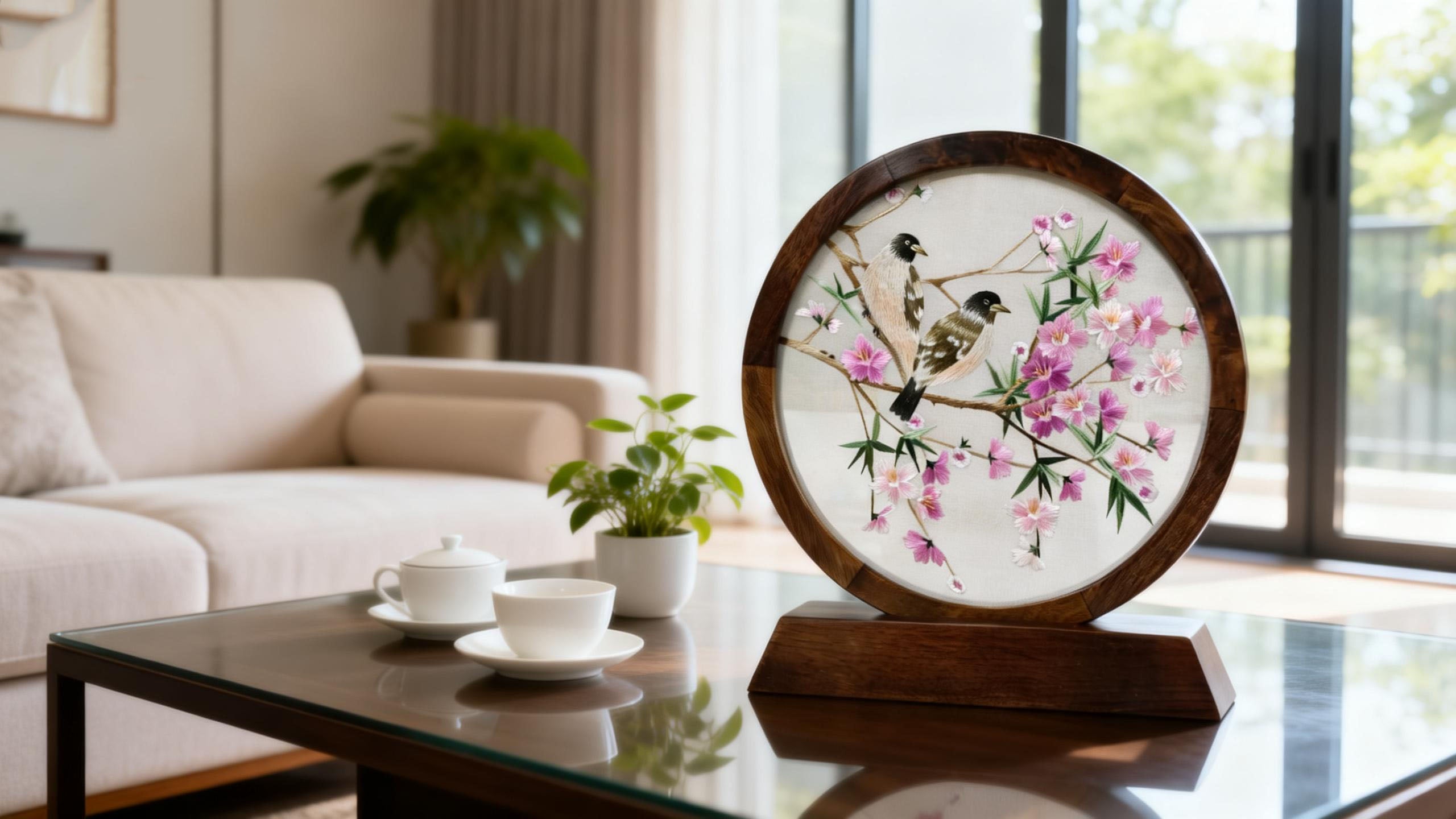 Hand-Embroidered Bird & Twining Flower-Themed Circular Table Screen