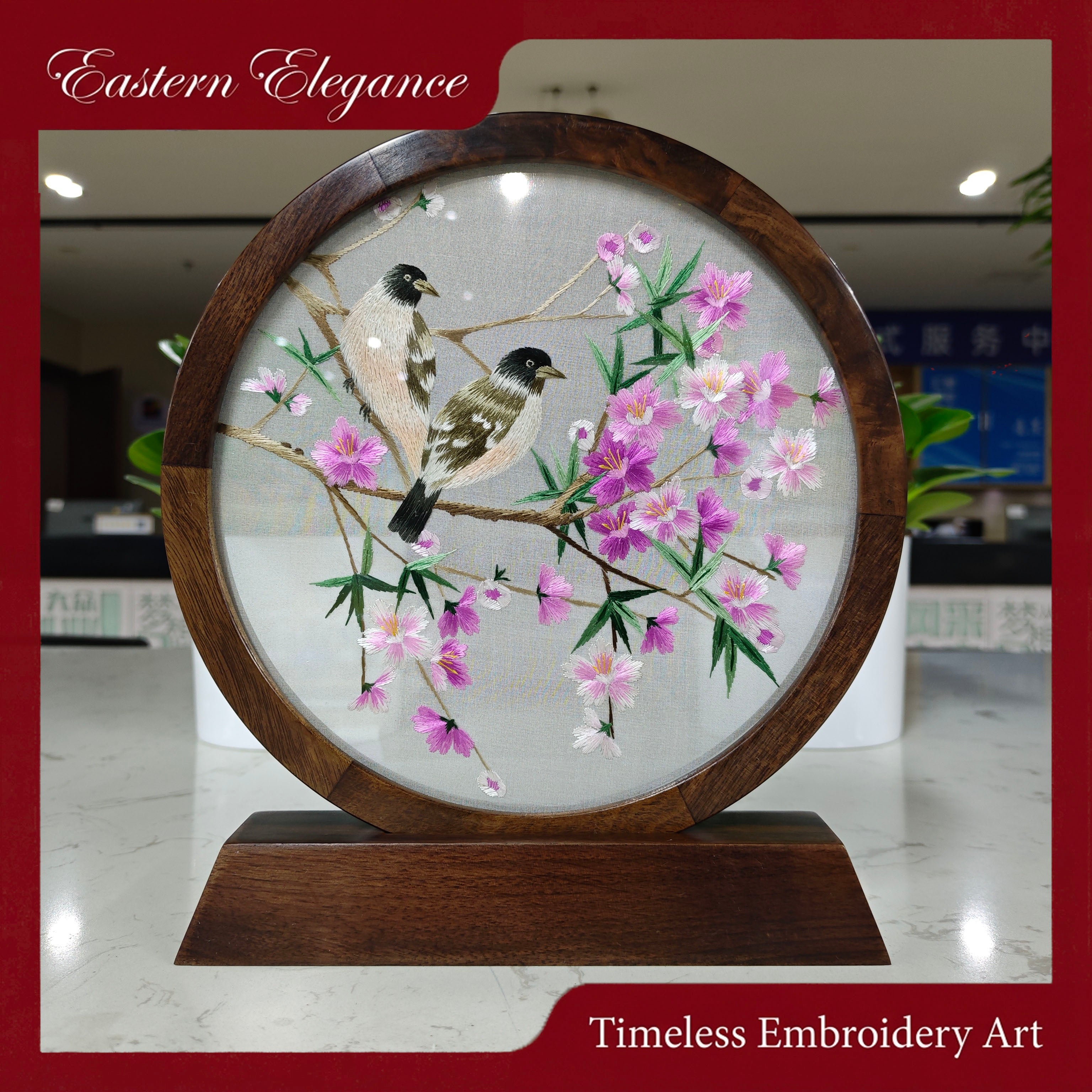 Hand-Embroidered Bird & Twining Flower-Themed Circular Table Screen