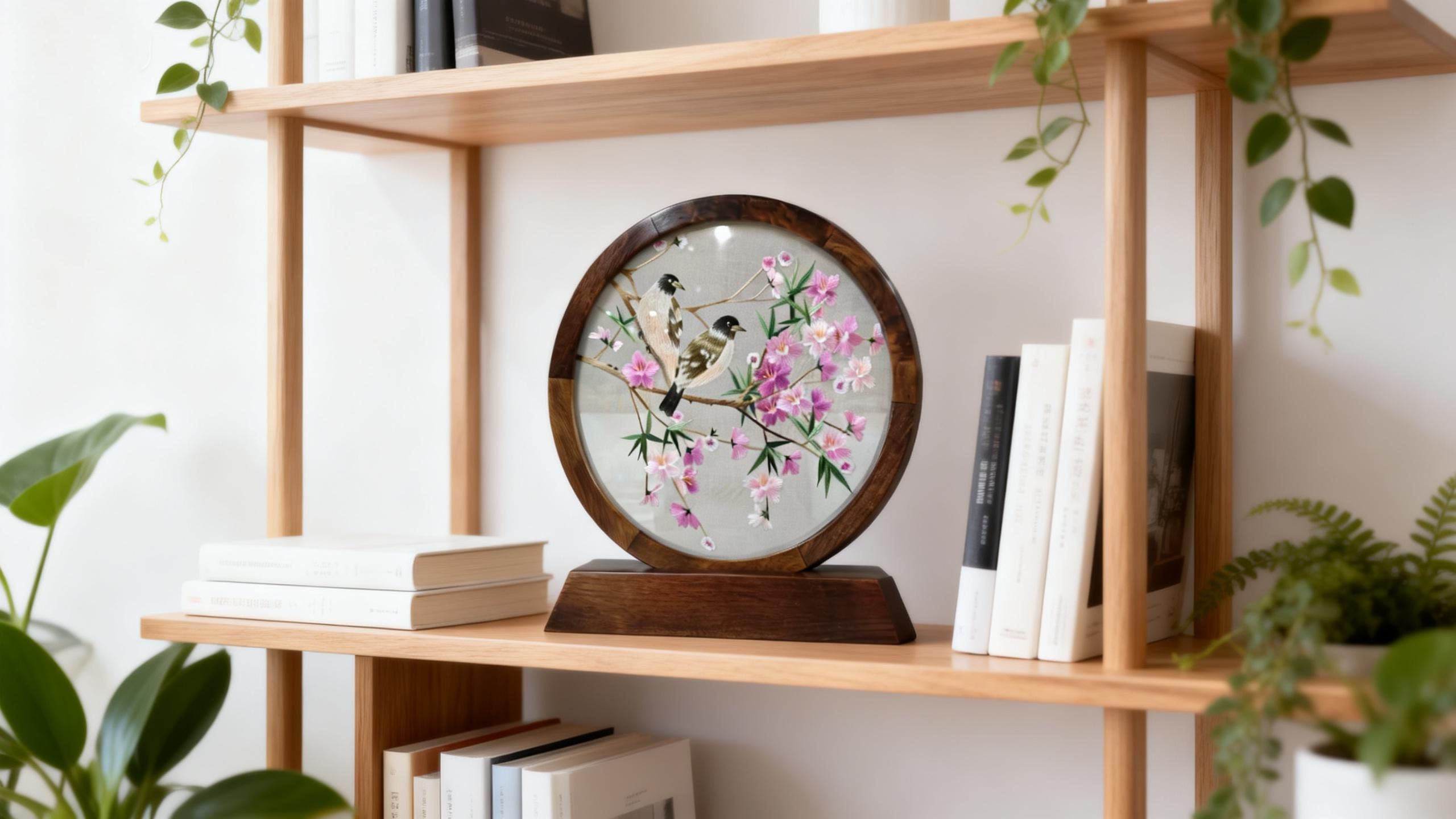 Hand-Embroidered Bird & Twining Flower-Themed Circular Table Screen
