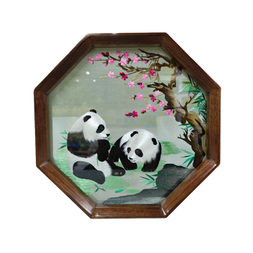 Hand-Embroidered Panda & Spring Plum-Themed Octagonal Table Screen